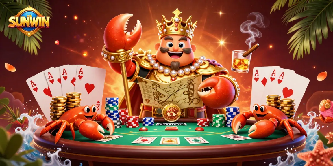 SUNWIN engages players with a vibrant casino scene featuring a golden crab emperor and poker elements.