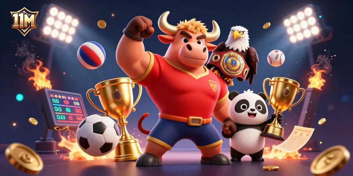 Experience thrilling victories with 11M sports betting action and mascot excitement in a vibrant casino scene.