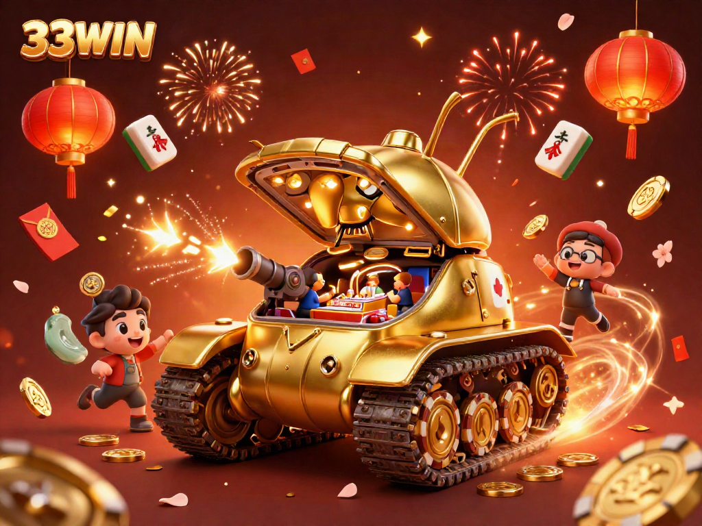 Experience excitement at 33WIN with a stunning 3D casino illustration featuring a golden beetle tank and vibrant decorations.