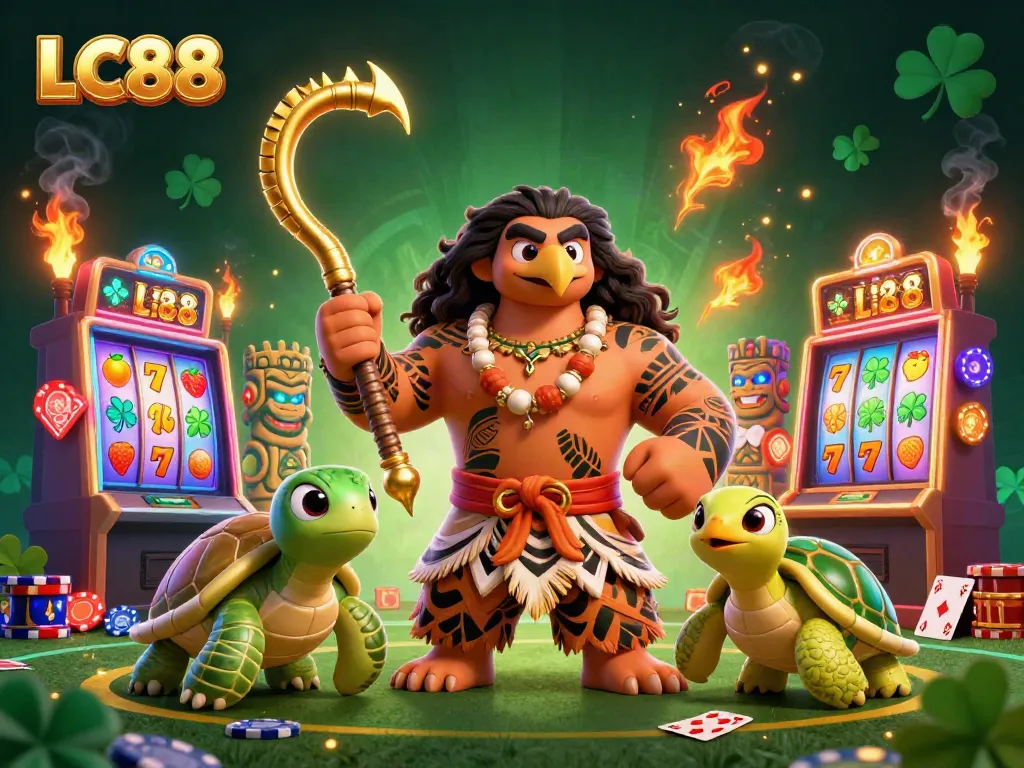 Experience the thrill of gaming with LC88 in this vibrant casino-themed illustration featuring a Polynesian demigod.
