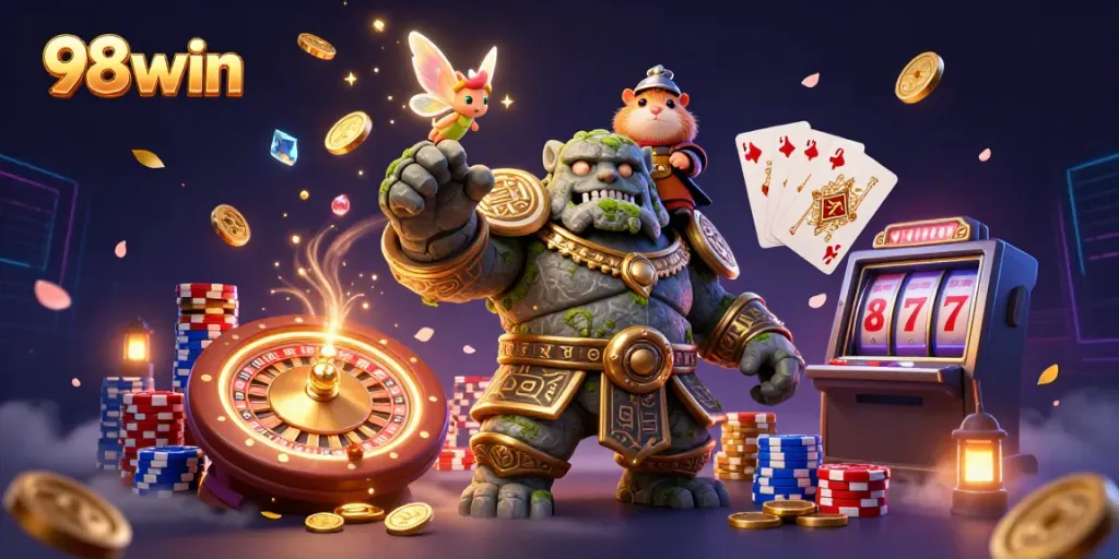 Experience the thrill of 98win with characters in an enchanting casino adventure filled with golden winnings.