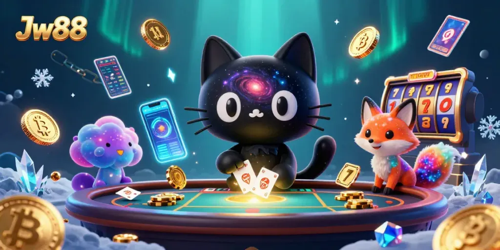 Engage in thrilling gameplay at Jw88, where a cosmic black hole cat draws in glowing chips and cards.