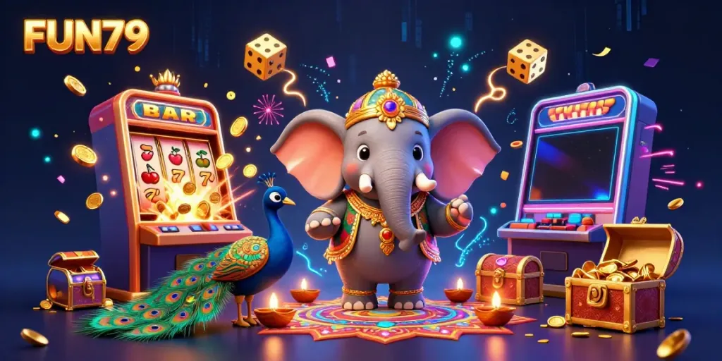 Experience the vibrant world of FUN79 with a festive casino illustration featuring joyful characters and exciting game elements.