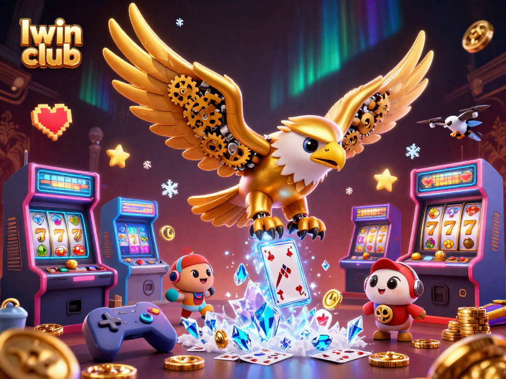 Iwin club showcases a dynamic scene with a cybernetic eagle surrounded by vibrant casino elements.