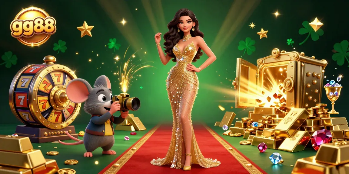 Join the excitement at gg88's slot machines with golden treasures and dazzling jewels in a lively casino atmosphere.