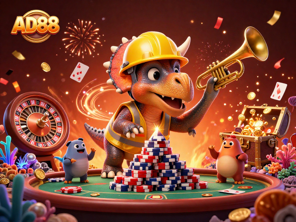 AD88 enhances wins with vibrant casino scene featuring a triceratops and parasaurolophus celebrating.