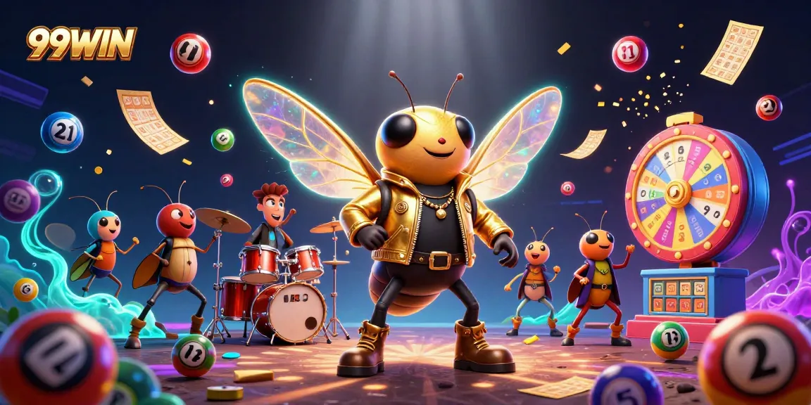 Engage with 99WIN in a dynamic lottery-themed casino scene featuring vibrant 3D characters.