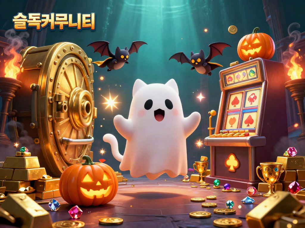 Engaging scene of a 슬롯커뮤니티 with a ghost cat and vampiric bat enjoying slots in a haunted casino.
