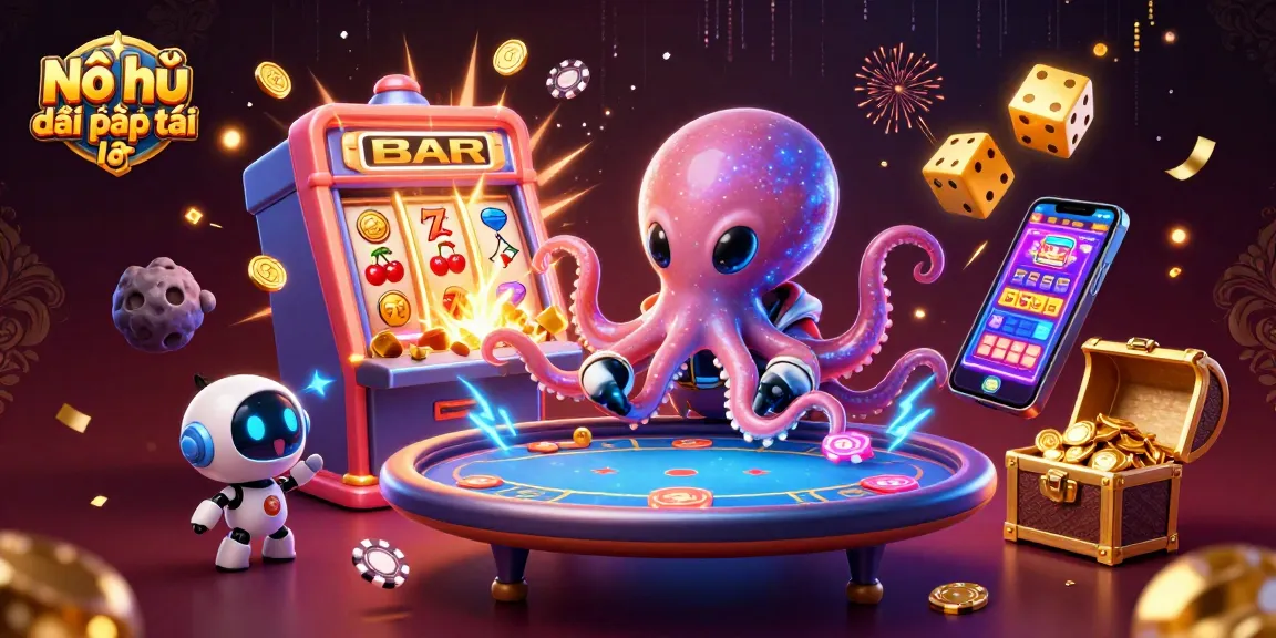 Nổ hũ đại phát tài immersive illustration showcasing alien octopus at a slot machine in a vibrant casino scene.