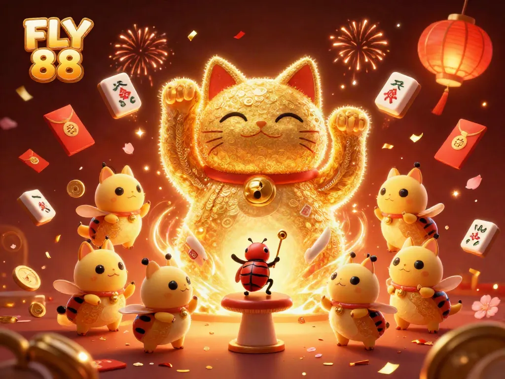Experience the vibrant world of FLY 88 with golden lucky cats and casino symbols twinkling in a festive scene.