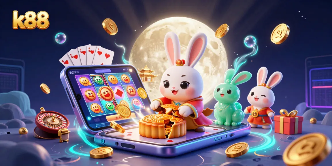 Experience the thrill of k88 with a vibrant 3D casino scene showing a moon rabbit alongside gambling elements.