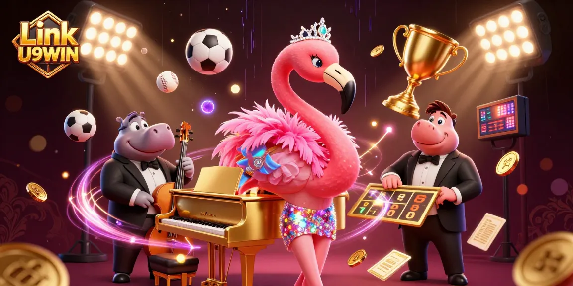 Experience thrilling wins with Link U9WIN as the lively flamingo entertains in a vibrant casino atmosphere.