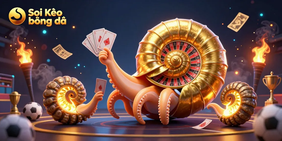 Soi Kèo bóng đá showcases a vibrant sports betting scene with a 3D nautilus, dynamic elements, and glowing treasure.