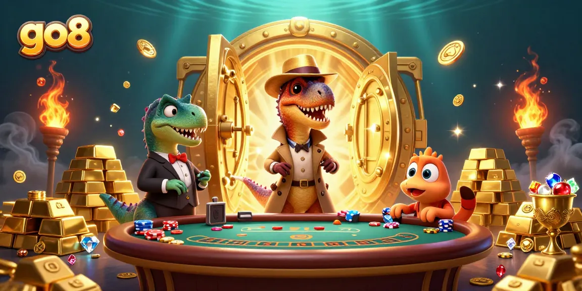 Experience thrilling gaming action at Go8 with a cartoon velociraptor and treasures.