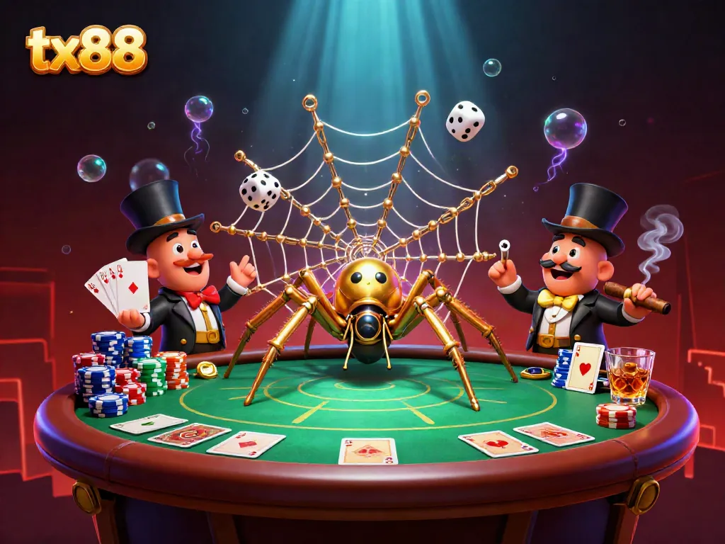 Experience the excitement of tx88 with a dynamic scene of a steampunk spider catching dice amid poker elements.