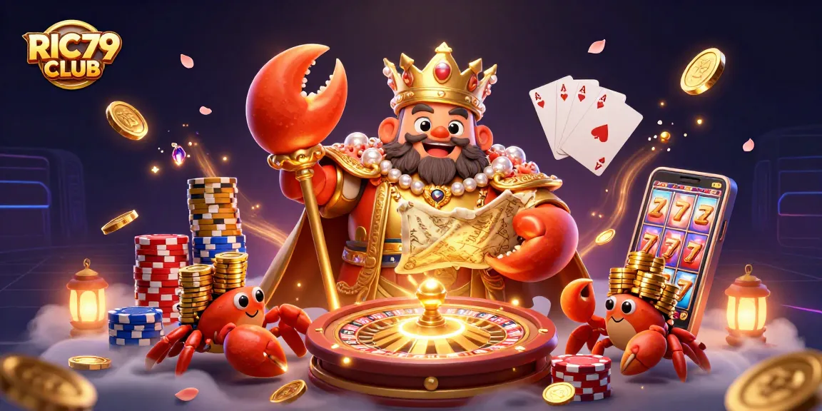 Experience the excitement at RIC79 CLUB with a golden crab emperor and casino treasures.