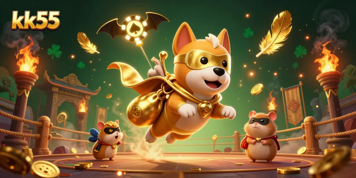 kk55 features a superhero dog and hamster in a vibrant casino scene filled with golden coins and dynamic elements.