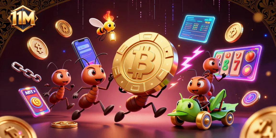 Engaging 11M casino scene with ants heisting a giant poker chip amidst vibrant crypto elements.
