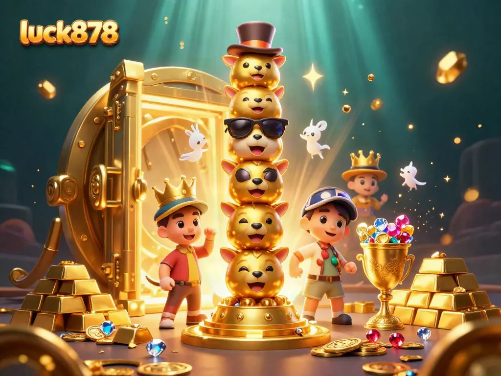 Experience the excitement of gaming at luck878, featuring a vibrant 3D illustration of a lively totem pole surrounded by treasures.