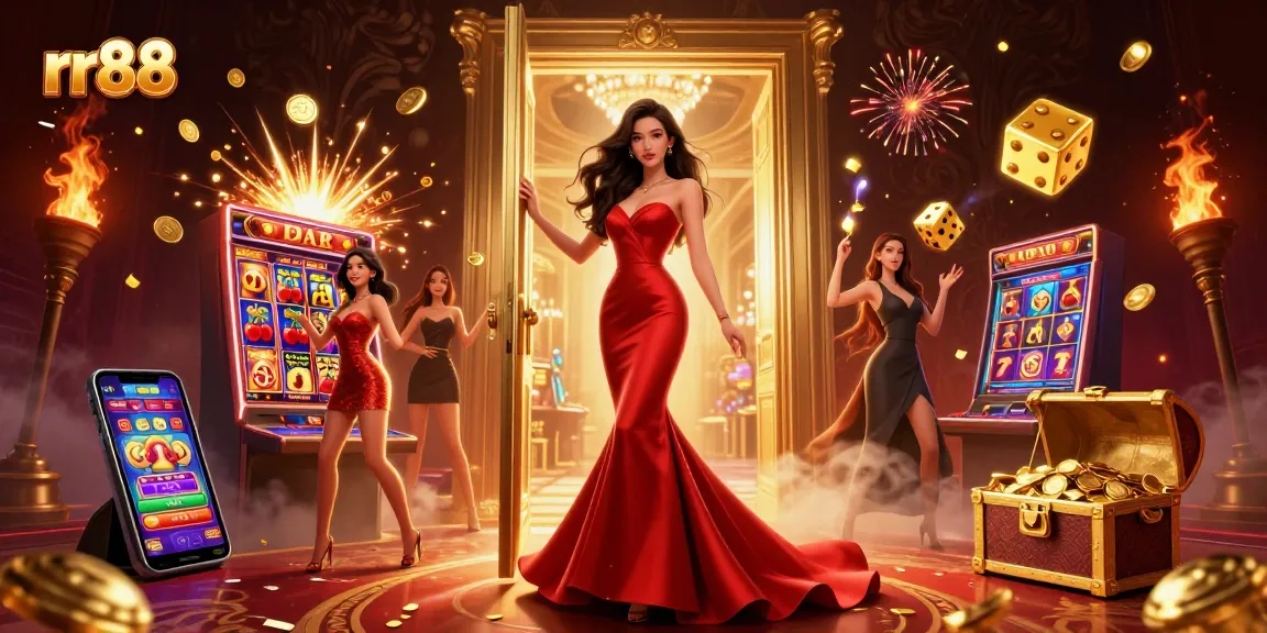 Experience winning at rr88, illustrated with a stylish woman in a VIP casino setting, showcasing thrilling games and jackpots.