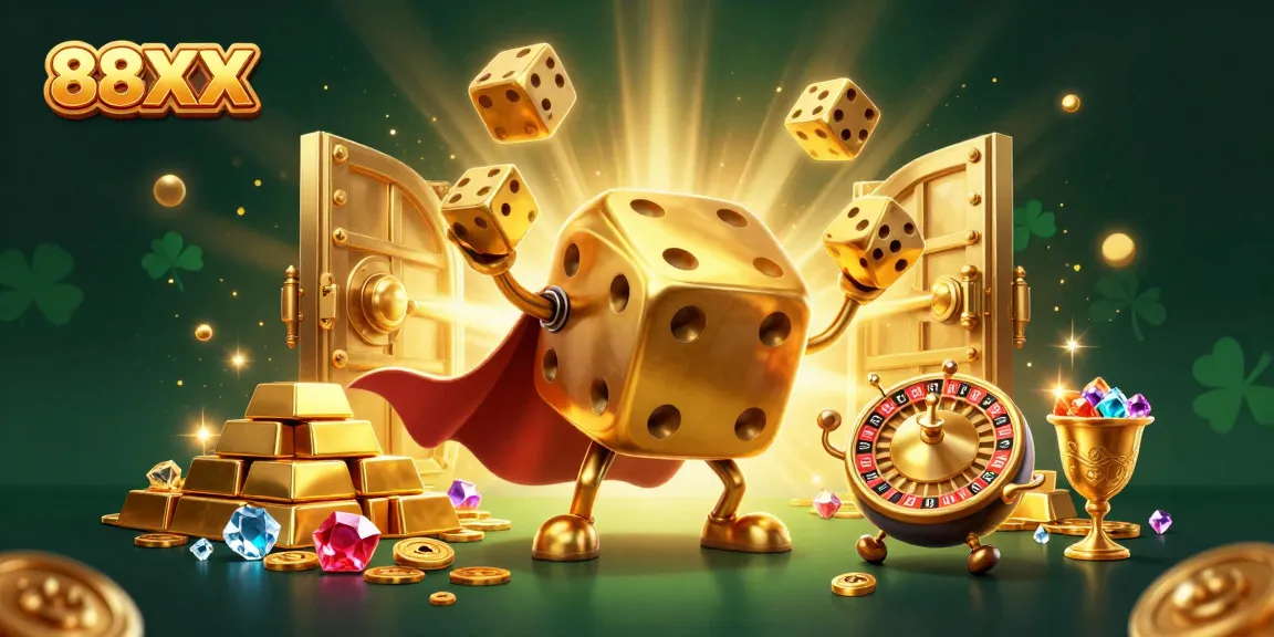 88XX engage in thrilling games and winning rewards surrounded by gold and treasures.