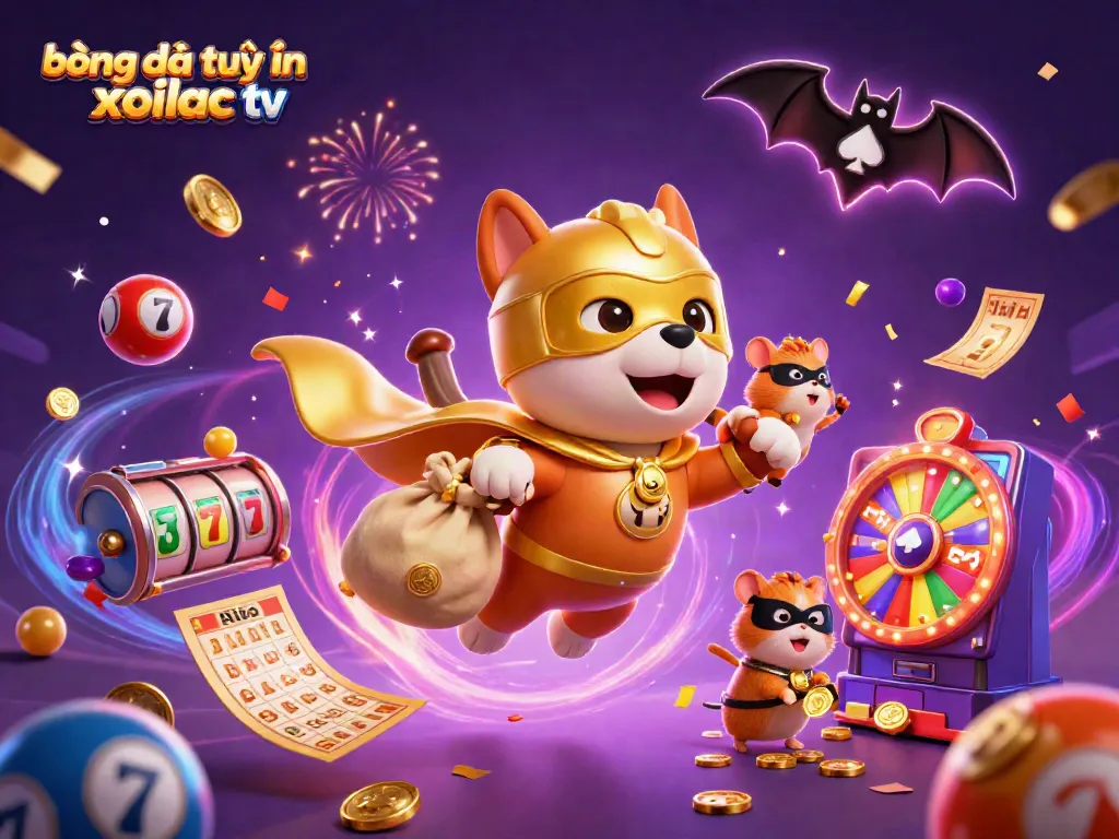 Engage with bóng đá trực tuyến xoilac tv through a dynamic 3D scene featuring a superhero dog amidst gambling elements and colorful visuals.