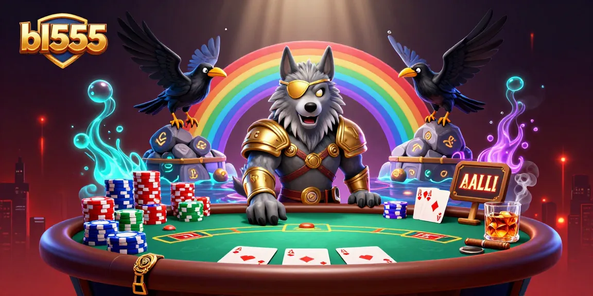 Experience thrilling gaming at bl555 with a vibrant 3D casino scene featuring unique characters and dynamic poker elements.
