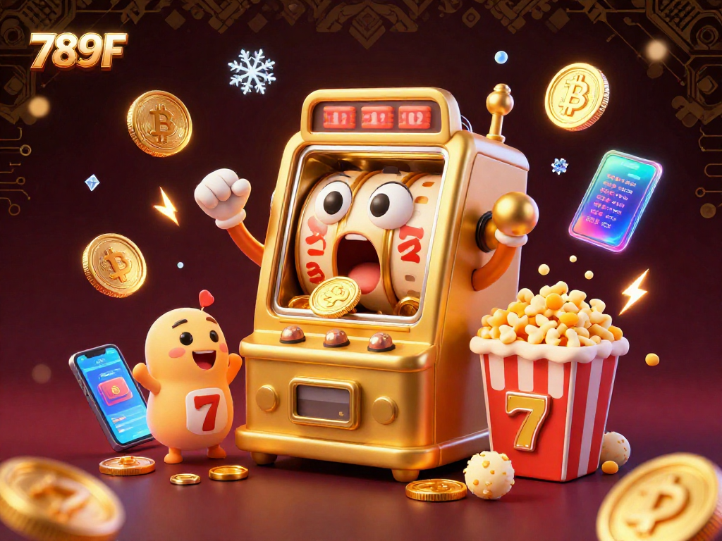 Experience the excitement of 789F with a golden slot machine hitting a jackpot amidst sparkling coins and crypto elements.