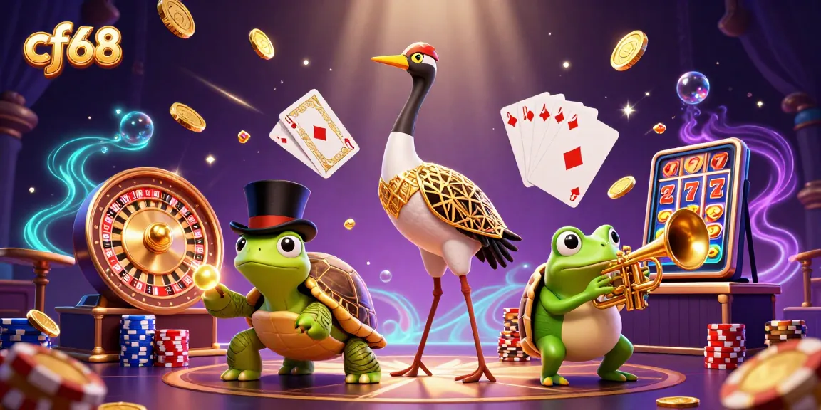 Engage with cf68's vibrant casino world, featuring cartoon characters enjoying games and golden winnings.