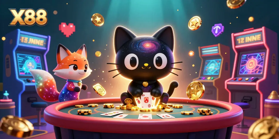 X88 creates an engaging atmosphere with a cosmic casino featuring a black hole cat and a nebula fox.