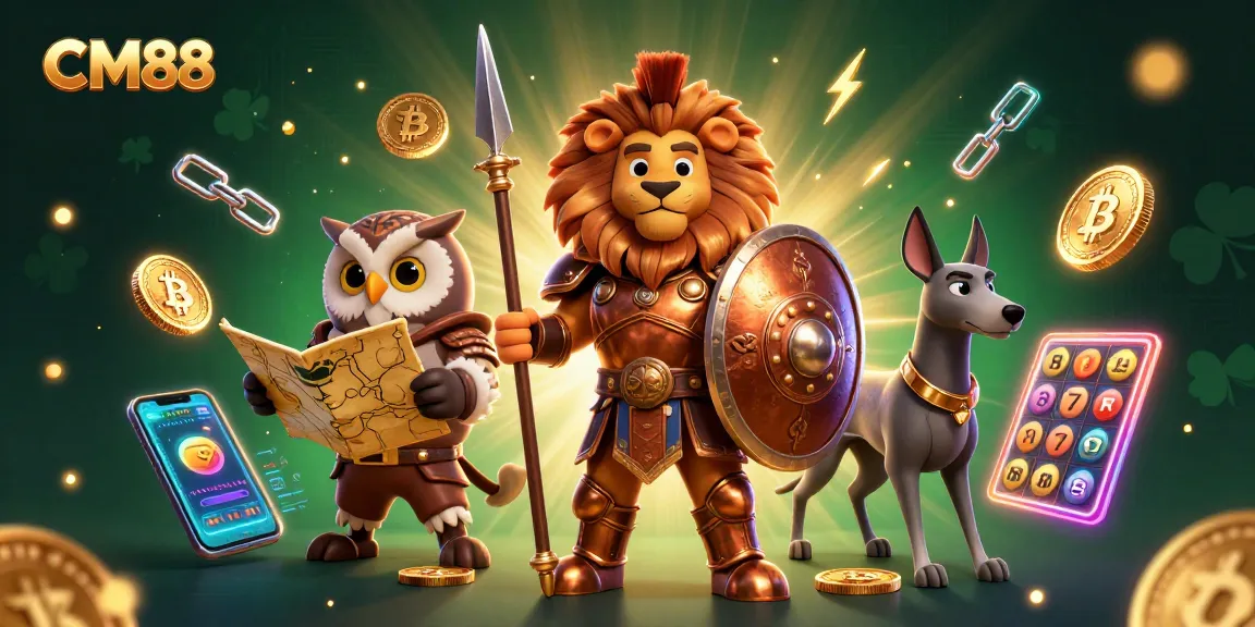 Engage in thrilling gaming with CM88's vibrant cartoon action featuring casino symbols and crypto elements.