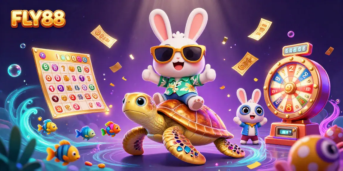 Experience the excitement of FLY88 with a lively scene of a lucky rabbit and turtle surrounded by casino elements.