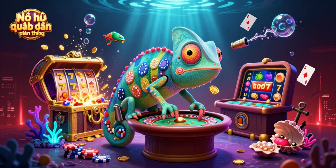 Nổ hũ quyết chiến tiền thưởng illustrated scene featuring a vibrant casino environment with colorful game elements and a chameleonic casino owner.