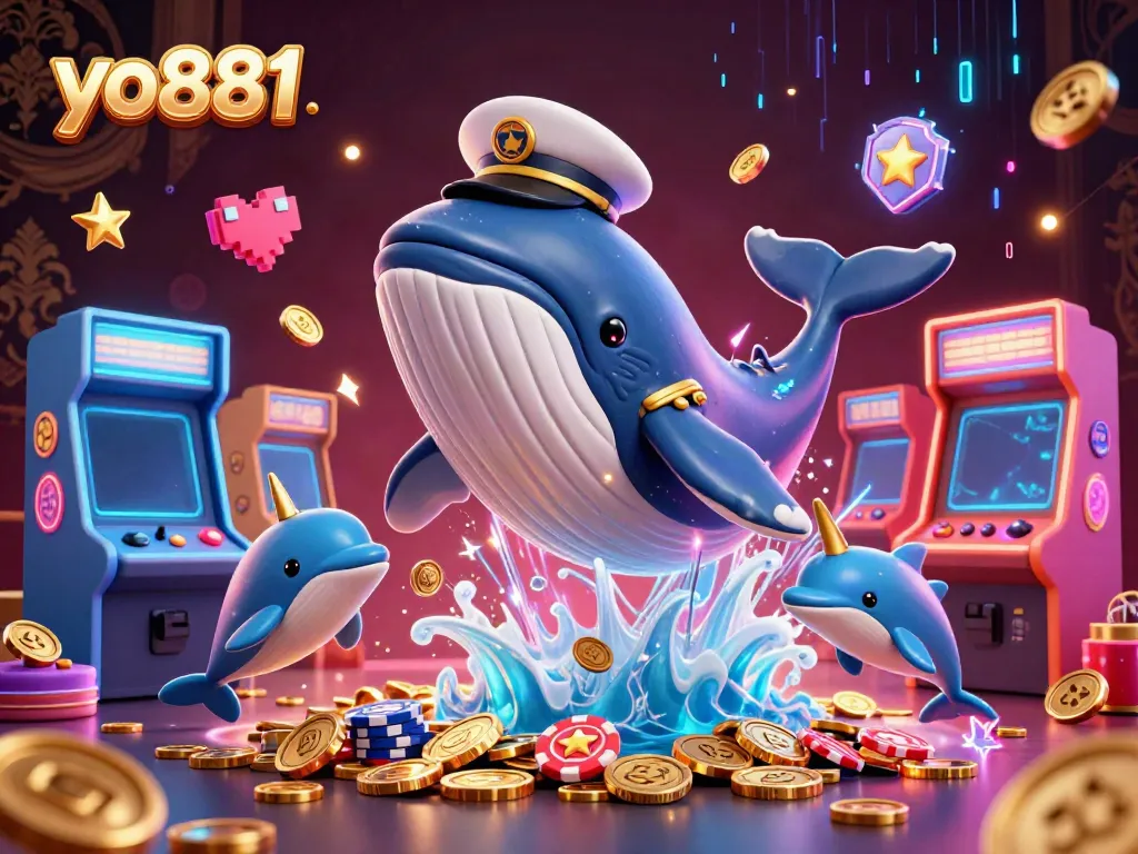Experience thrilling gameplay at yo881 with a cartoon whale and dolphins in a vibrant casino setting, showcasing excitement and fun.