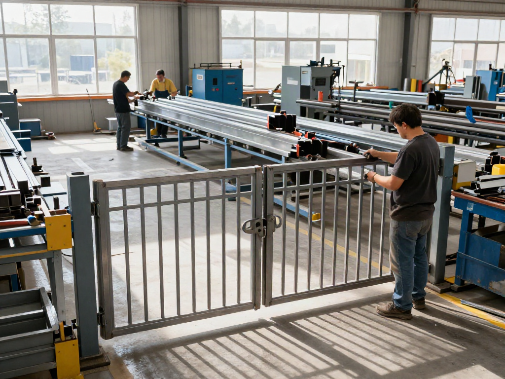 Skilled metal fabricator working on custom gate assembly in modern workshop.