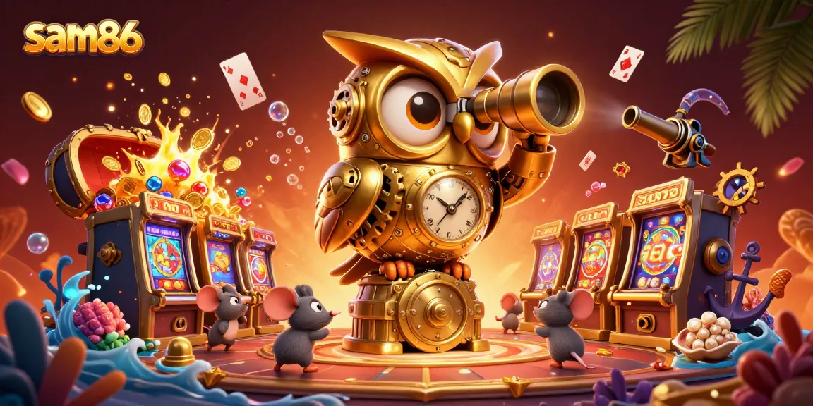 Experience unmatched thrill with sam86's vibrant casino adventure featuring a majestic owl amidst gaming treasures.
