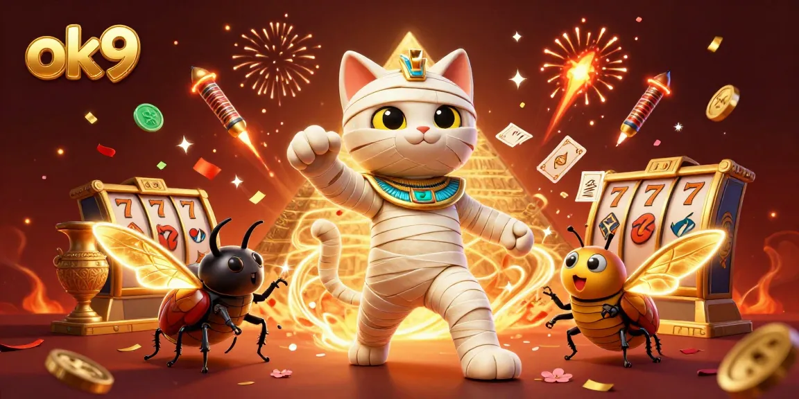 Engage with ok9 casino excitement illustrated by a mummy cat and a scarab beetle amidst rich gaming elements.