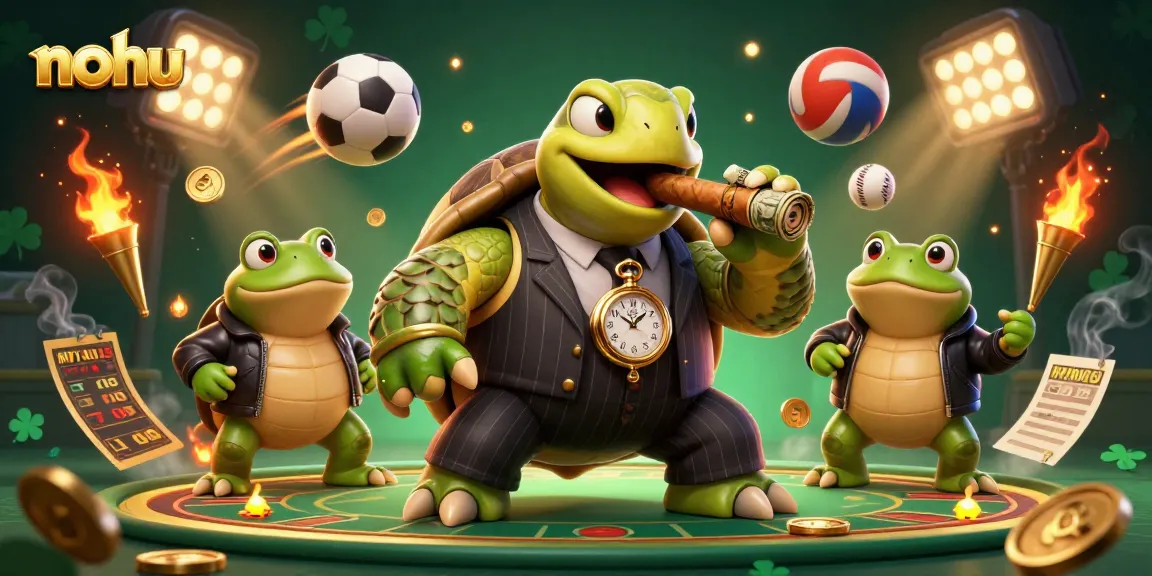 Nohu-themed casino scene with a snapping turtle mobster, bullfrog enforcers, and dynamic sports elements.