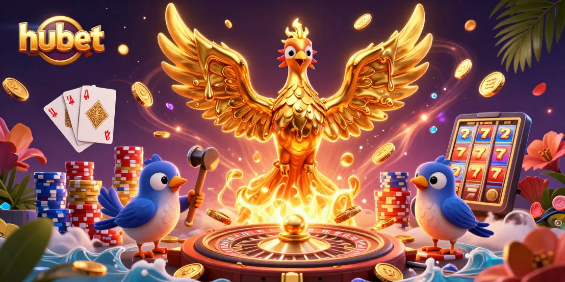 Experience thrilling wins at hubet with a golden phoenix soaring through a vibrant casino scene.