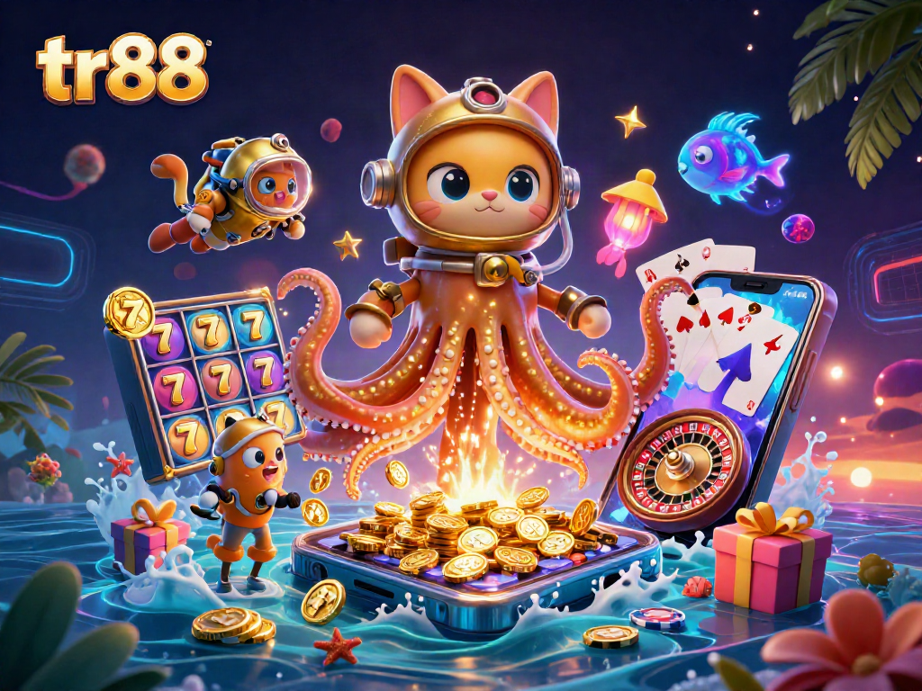 Spin the reels with tr88 amidst a vibrant scene featuring a kraken and a diving cat.