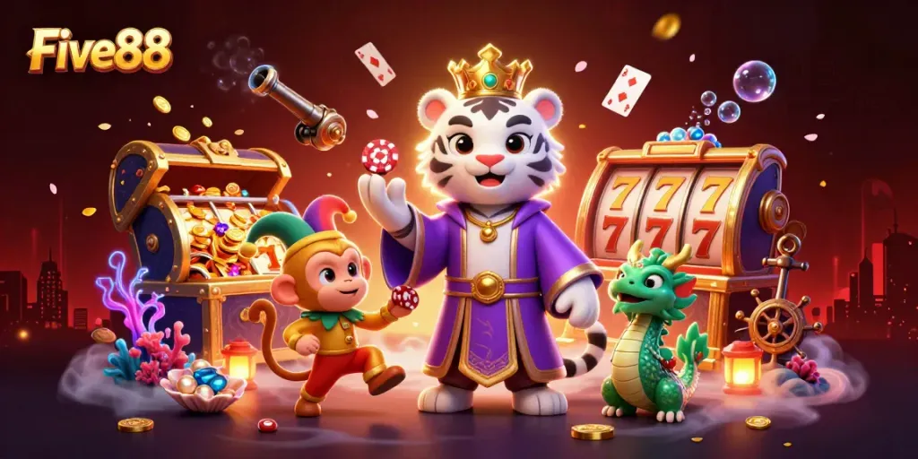 Engage in thrilling gameplay at Five88 with vibrant characters in a dynamic casino scene.