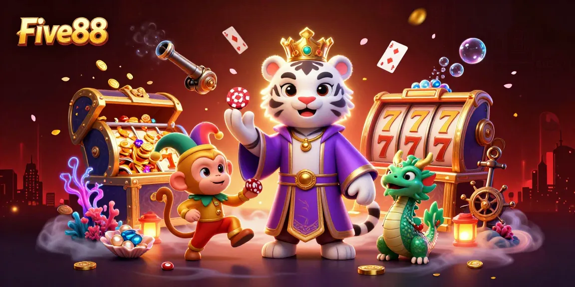 Engage in thrilling gameplay at Five88 with vibrant characters in a dynamic casino scene.