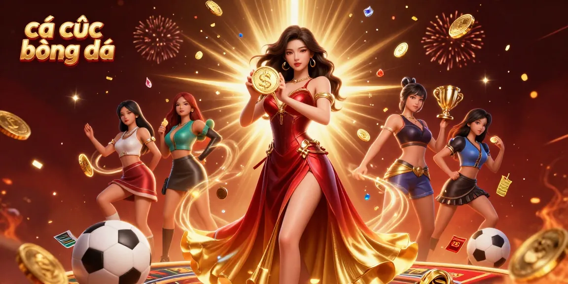Cá cược bóng đá scene with a stunning Asian woman holding a golden coin, symbolizing betting excitement and winnings.