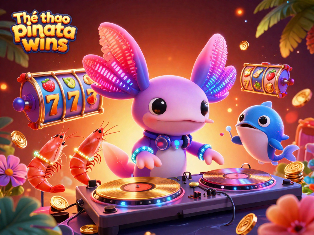 Engage with Thể thao pinata wins as colorful slot symbols surround animated characters in a vibrant casino scene.