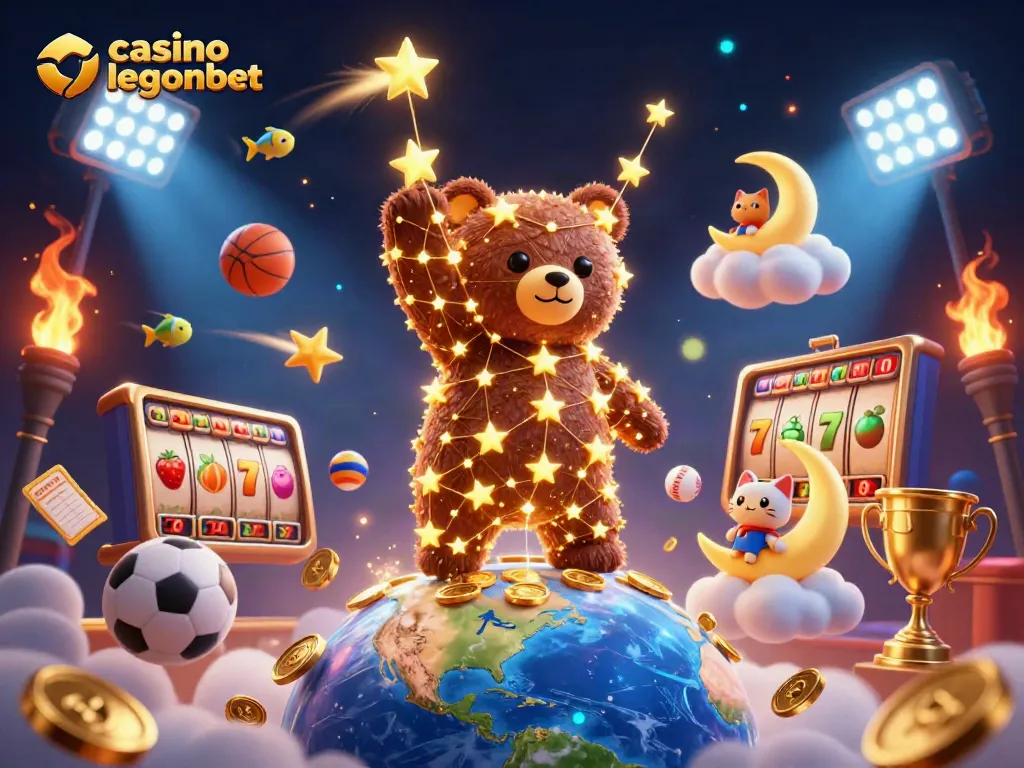 Experience the magic of casino legionbet with a vibrant 3D illustration of a golden constellation bear, coins, and slot reels.