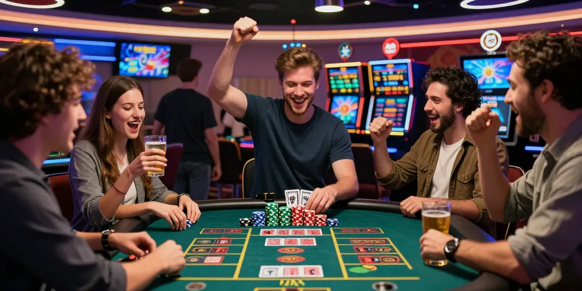 Players enjoying the excitement of BL555 online gambling, celebrating wins at a vibrant casino table scene.