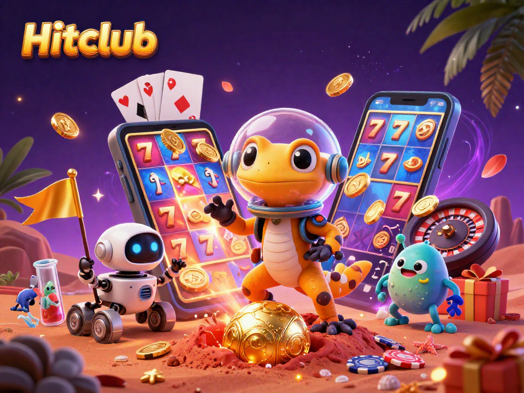 Hitclub engages players with a vibrant scene depicting intergalactic gambling excitement surrounding golden slot games.
