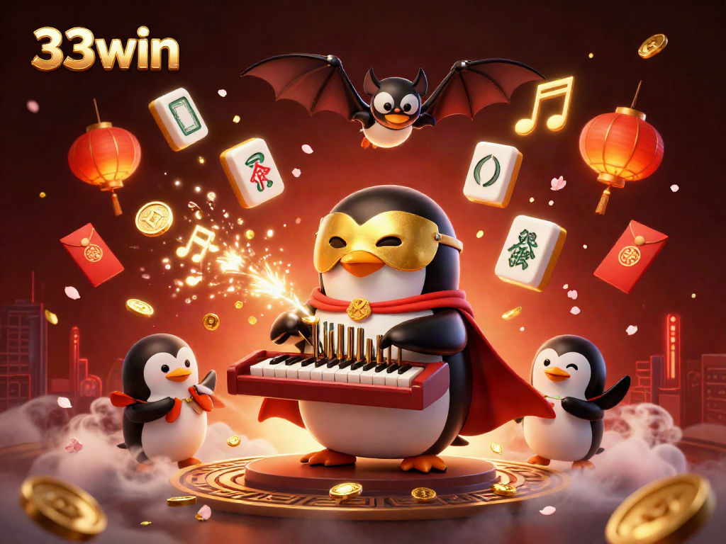 Experience thrilling gaming with 33win as a penguin plays a golden organ amidst floating casino elements.