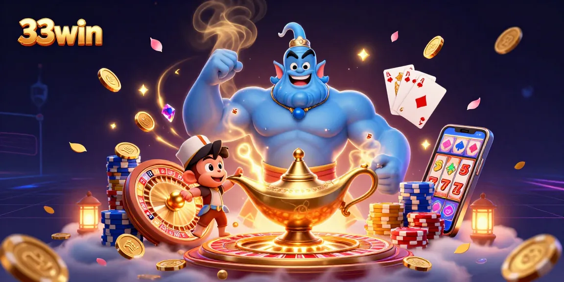 Engage with 33win's thrilling gaming scene featuring a genie, monkey and dynamic casino elements.