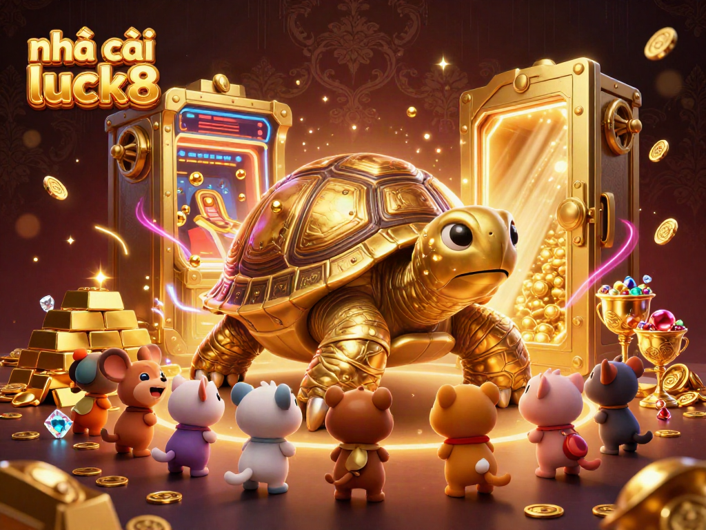 Play exciting games at Nhà cái luck8 with a vibrant 3D illustration of a colossal tortoise pinball machine.
